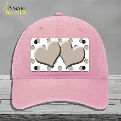 Tan White Polka Dot Tan Centered Hearts Novelty License Plate Hat Unconstructed Cotton / Pink