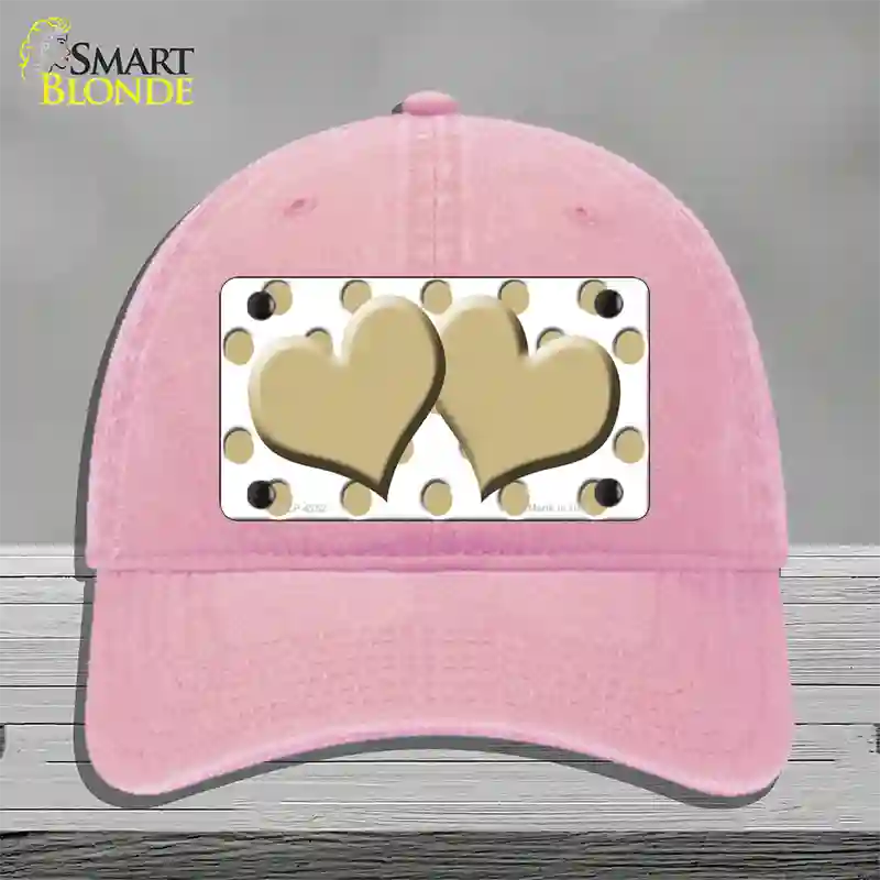 Gold White Polka Dot Gold Centered Hearts Novelty License Plate Hat Unconstructed Cotton / Pink