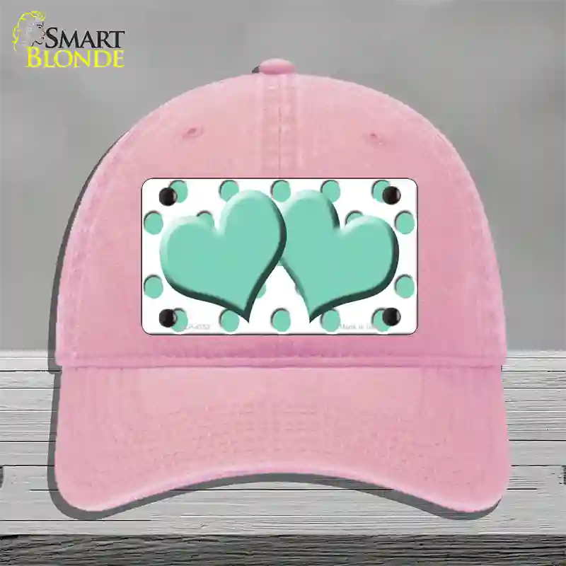 Mint White Polka Dot Mint Centered Hearts Novelty License Plate Hat Unconstructed Cotton / Pink