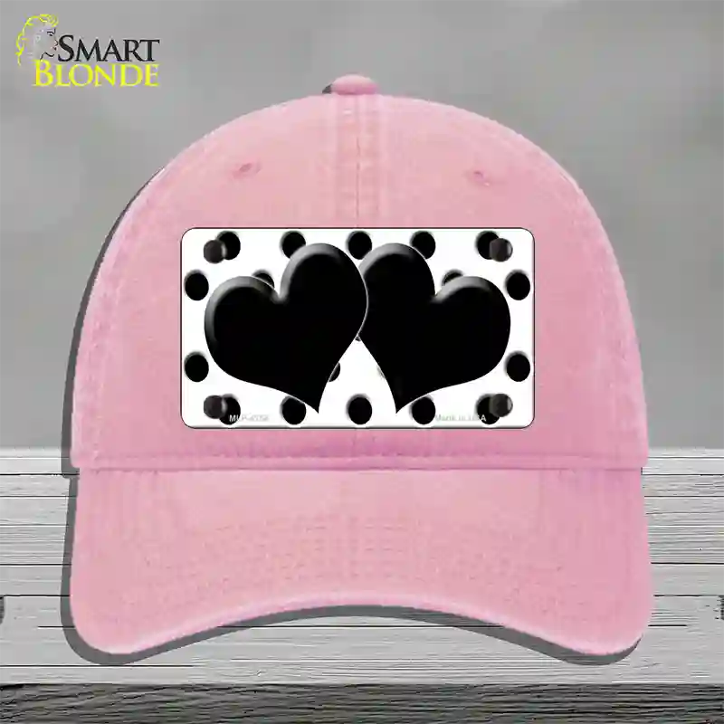 Black White Polka Dot Black Centered Hearts Novelty License Plate Hat Unconstructed Cotton / Pink