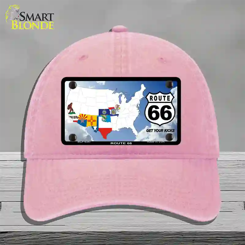 Route 66 8 Flags Clouds Novelty License Plate Hat Unconstructed Cotton / Pink