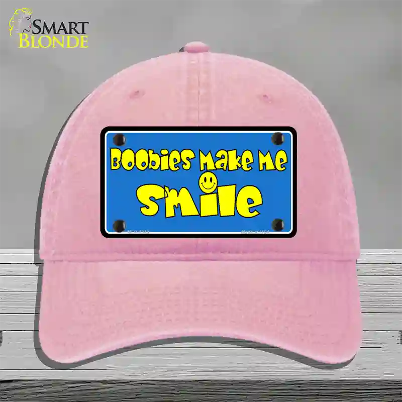 Boobies Make Me Smile Blue Novelty License Plate Hat Unconstructed Cotton / Pink