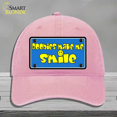 Boobies Make Me Smile Blue Novelty License Plate Hat Unconstructed Cotton / Pink