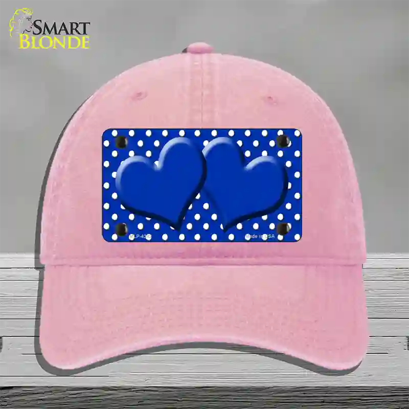 Blue White Polka Dot Center Hearts Novelty License Plate Hat Unconstructed Cotton / Pink