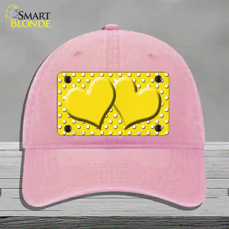 Yellow White Polka Dot Center Hearts Novelty License Plate Hat Unconstructed Cotton / Pink