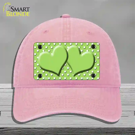 Lime Green White Polka Dot Center Hearts Novelty License Plate Hat Unconstructed Cotton / Pink
