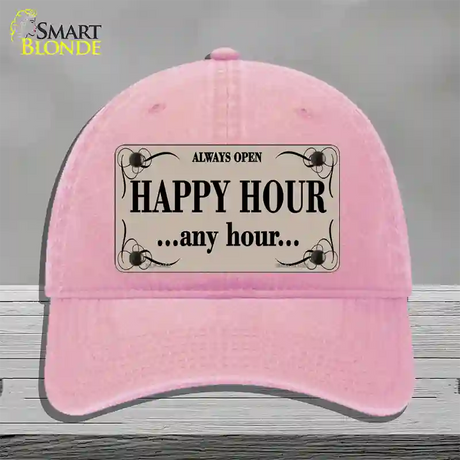 Happy Hour Any Hour Novelty License Plate Hat Unconstructed Cotton / Pink