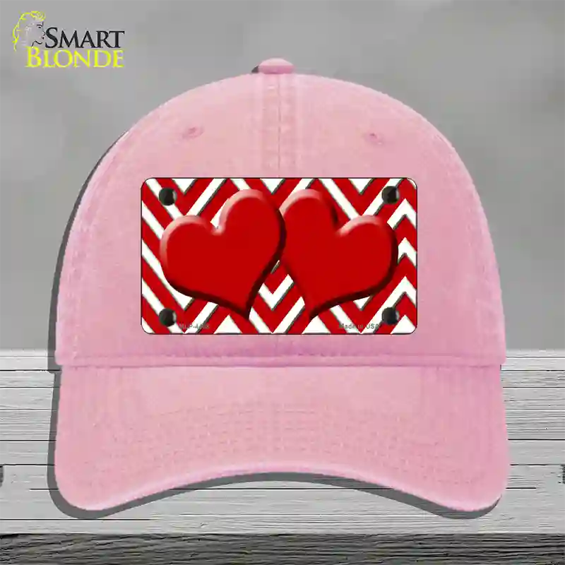 Red White Large Chevron Red Center Hearts Novelty License Plate Hat Unconstructed Cotton / Pink