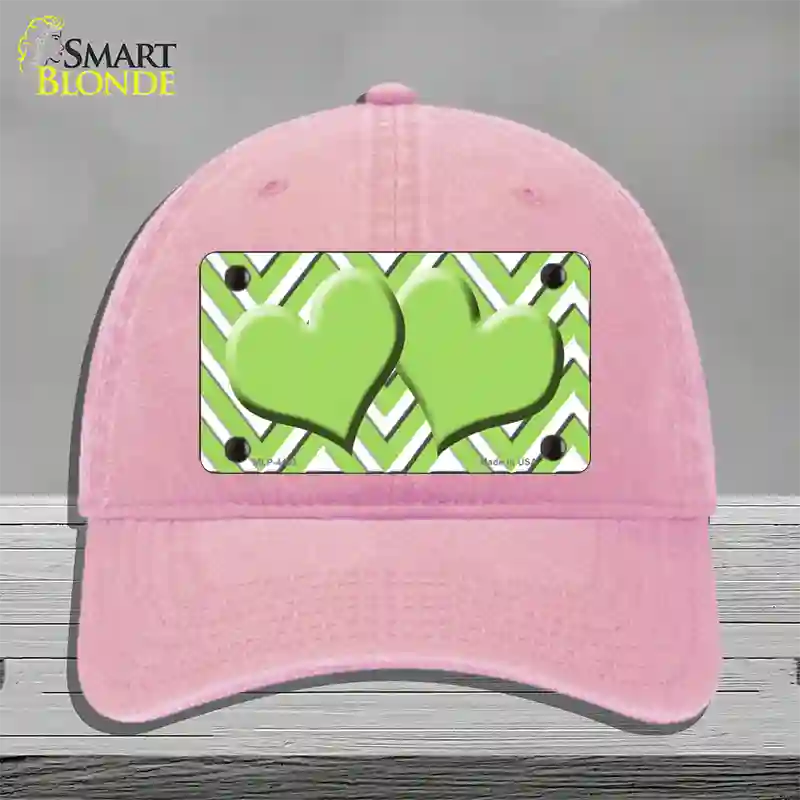 Lime Green White Large Chevron Lime Green Center Hearts Novelty License Plate Hat Unconstructed Cotton / Pink