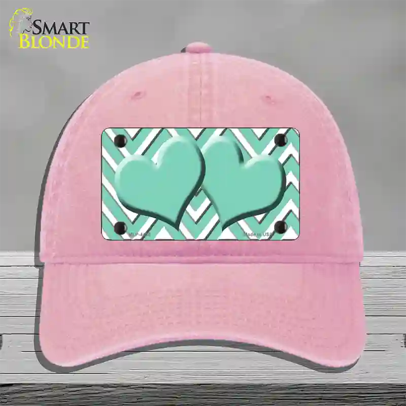 Mint White Large Chevron Mint Center Hearts Novelty License Plate Hat Unconstructed Cotton / Pink