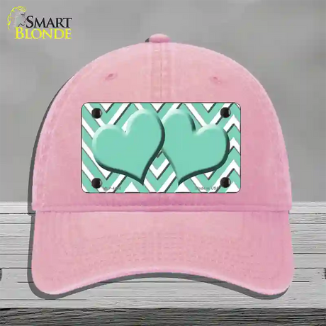 Mint White Large Chevron Mint Center Hearts Novelty License Plate Hat Unconstructed Cotton / Pink