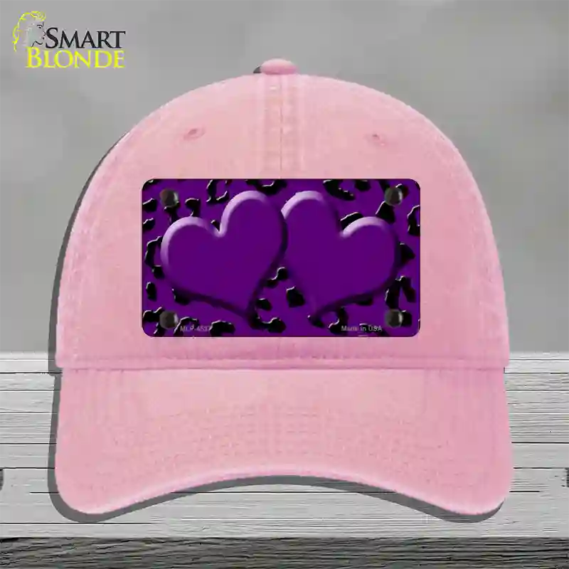 Purple Black Cheetah Purple Center Hearts Novelty License Plate Hat Unconstructed Cotton / Pink