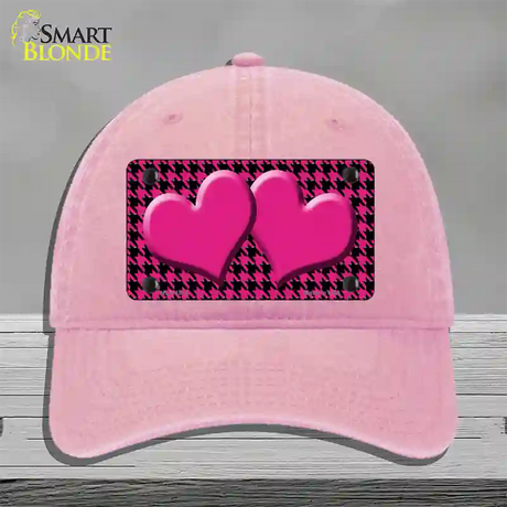 Pink Black Houndstooth Pink Center Hearts Novelty License Plate Hat Unconstructed Cotton / Pink