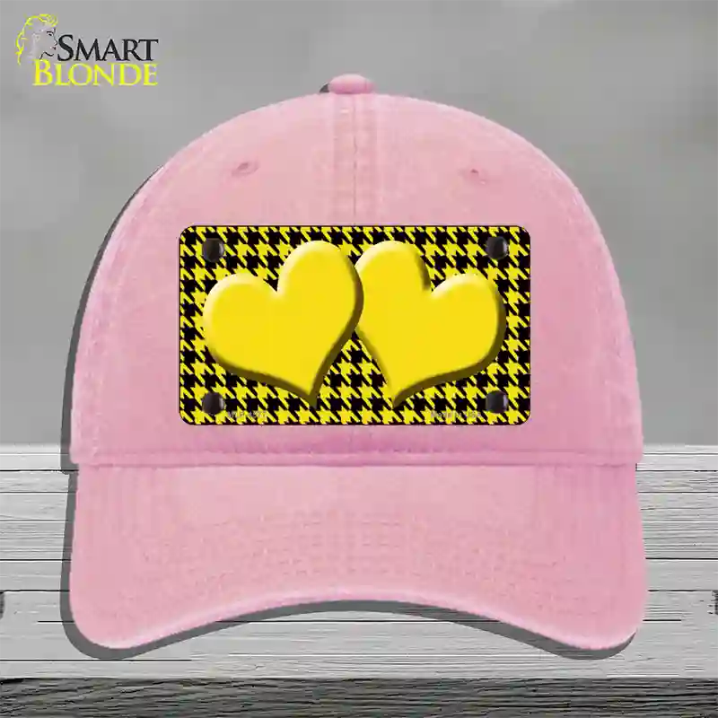 Yellow Black Houndstooth Yellow Center Hearts Novelty License Plate Hat Unconstructed Cotton / Pink