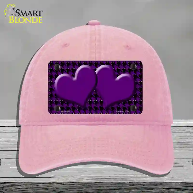 Purple Black Houndstooth Purple Center Hearts Novelty License Plate Hat Unconstructed Cotton / Pink