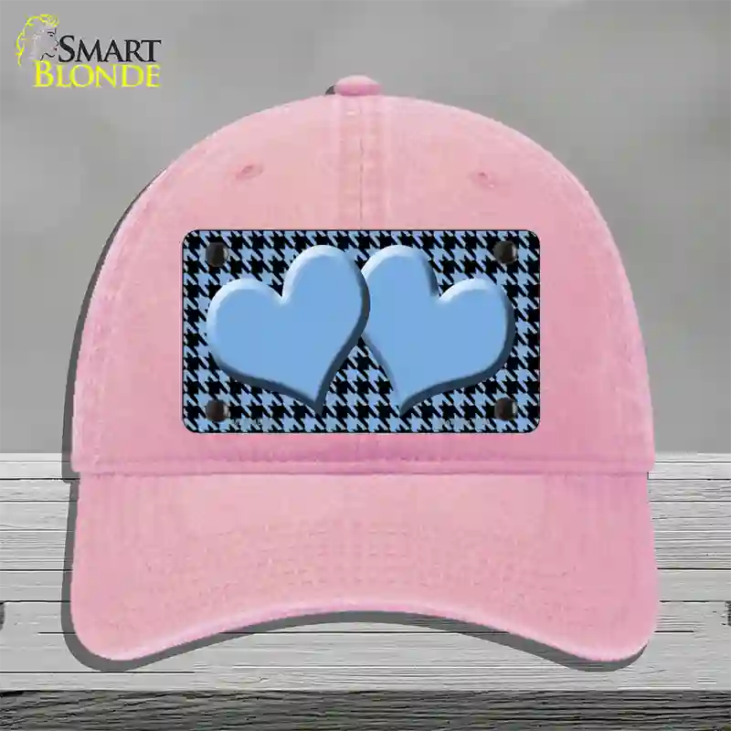 Light Blue Black Houndstooth Light Blue Center Hearts Novelty License Plate Hat Unconstructed Cotton / Pink