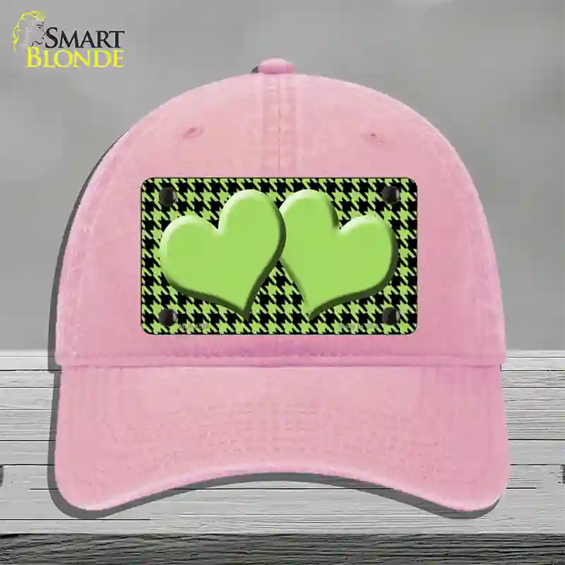 Lime Green Black Houndstooth Lime Green Center Hearts Novelty License Plate Hat Unconstructed Cotton / Pink