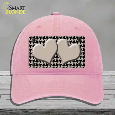 Tan Black Houndstooth Tan Center Hearts Novelty License Plate Hat Unconstructed Cotton / Pink