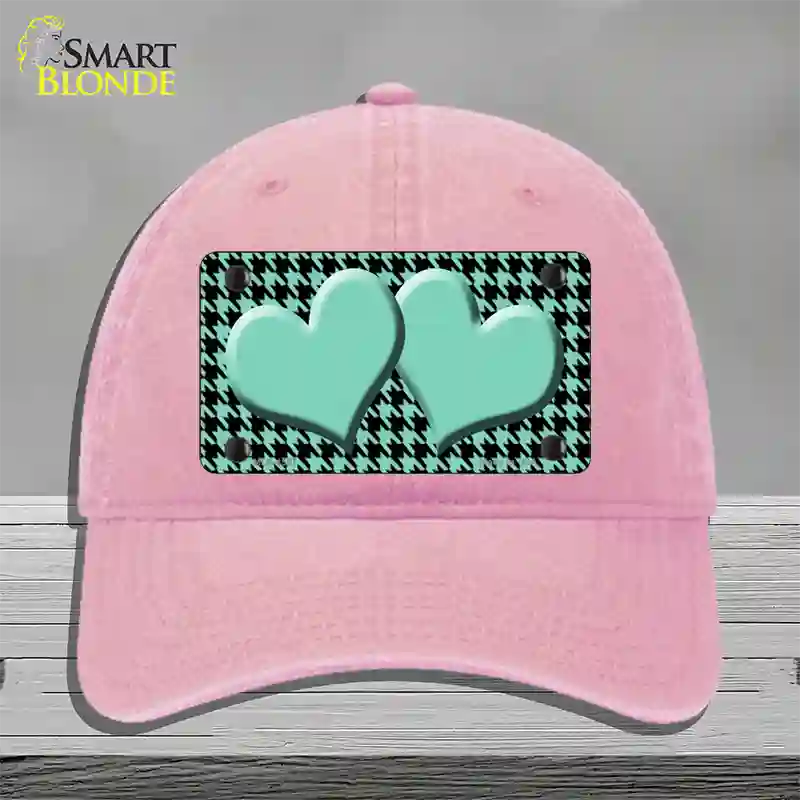 Mint Black Houndstooth Mint Center Hearts Novelty License Plate Hat Unconstructed Cotton / Pink