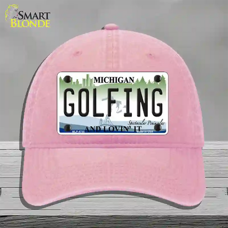 Golfing Michigan State Novelty License Plate Hat Unconstructed Cotton / Pink