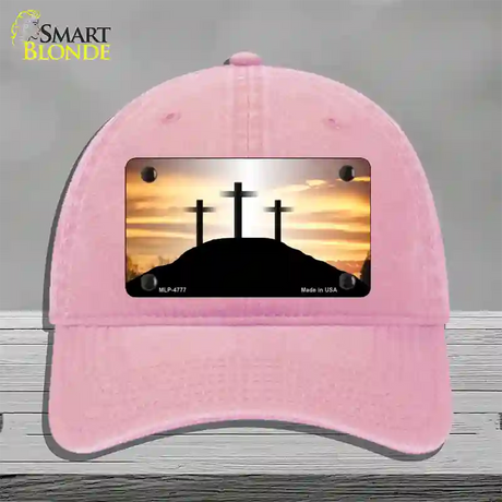 Three Crosses Sunset Novelty License Plate Hat Unconstructed Cotton / Pink