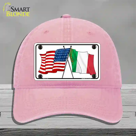 United States Italy Crossed Flags Novelty License Plate Hat Unconstructed Cotton / Pink