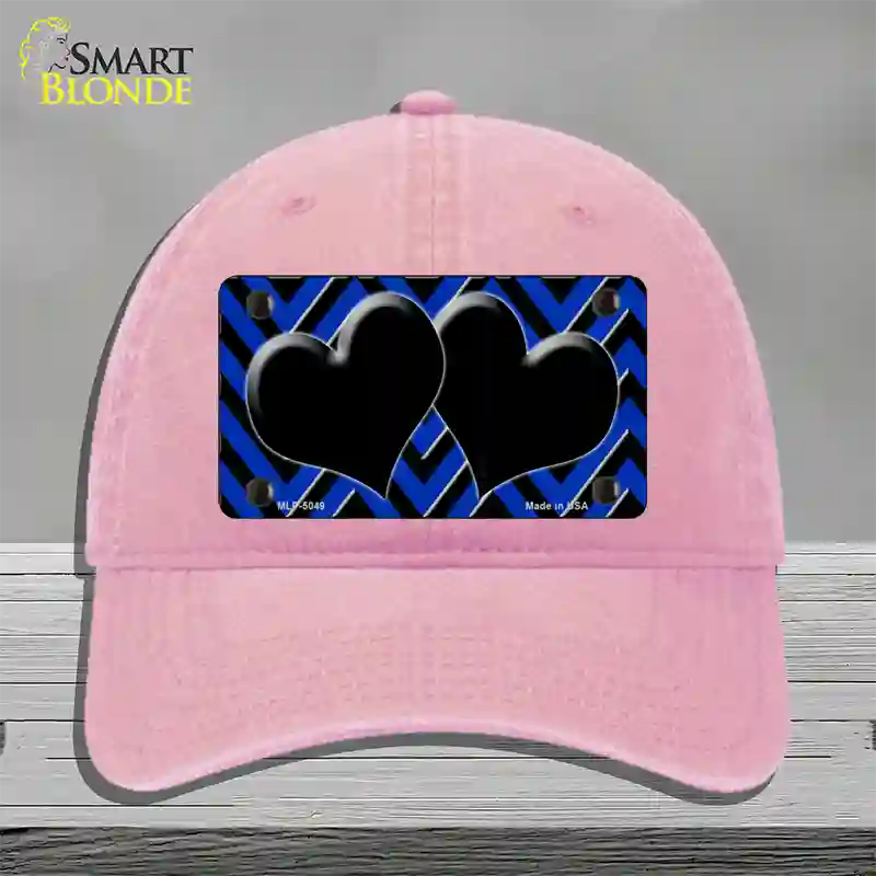 Blue Black Chevon Hearts Novelty License Plate Hat Unconstructed Cotton / Pink