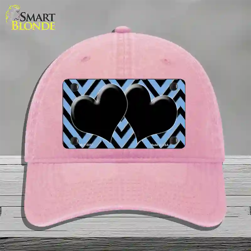 Light Blue Black Chevon Hearts Novelty License Plate Hat Unconstructed Cotton / Pink