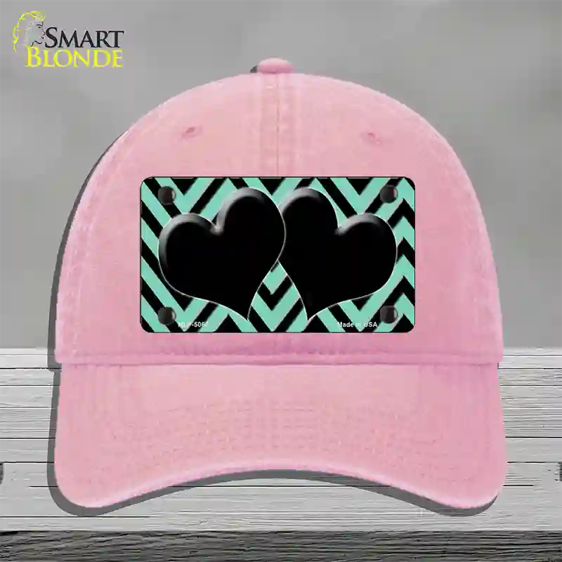 Mint Black Chevon Hearts Novelty License Plate Hat Unconstructed Cotton / Pink