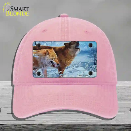 Wintertime Wolf Novelty License Plate Hat Unconstructed Cotton / Pink