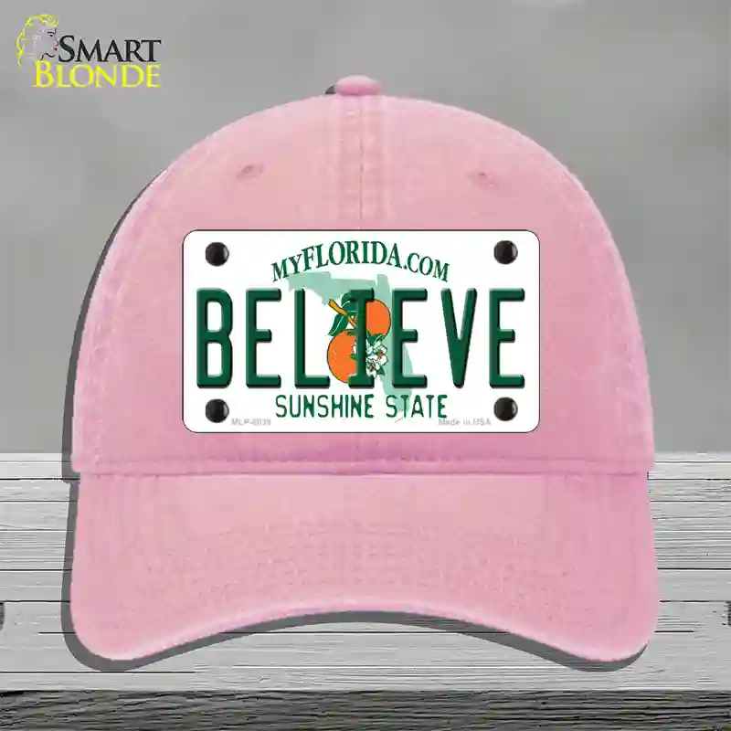 Believe Florida Novelty License Plate Hat Unconstructed Cotton / Pink