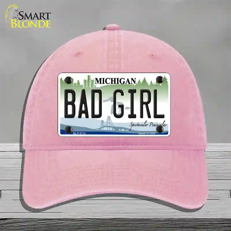 Bad Girl Michigan Novelty License Plate Hat Unconstructed Cotton / Pink