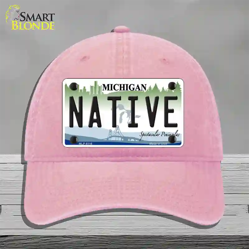 Native Michigan Novelty License Plate Hat Unconstructed Cotton / Pink