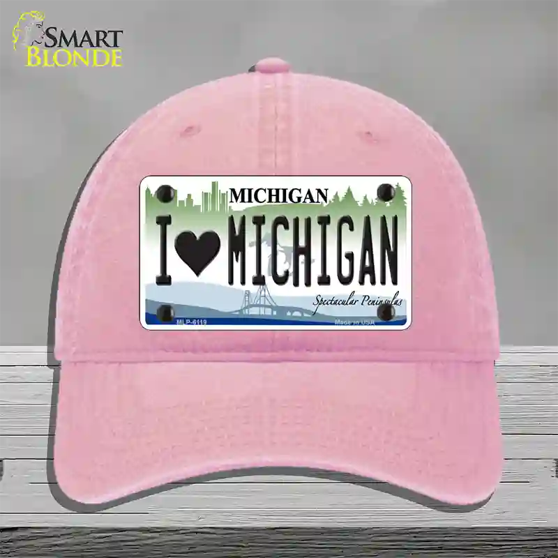 I Love Michigan Novelty License Plate Hat Unconstructed Cotton / Pink