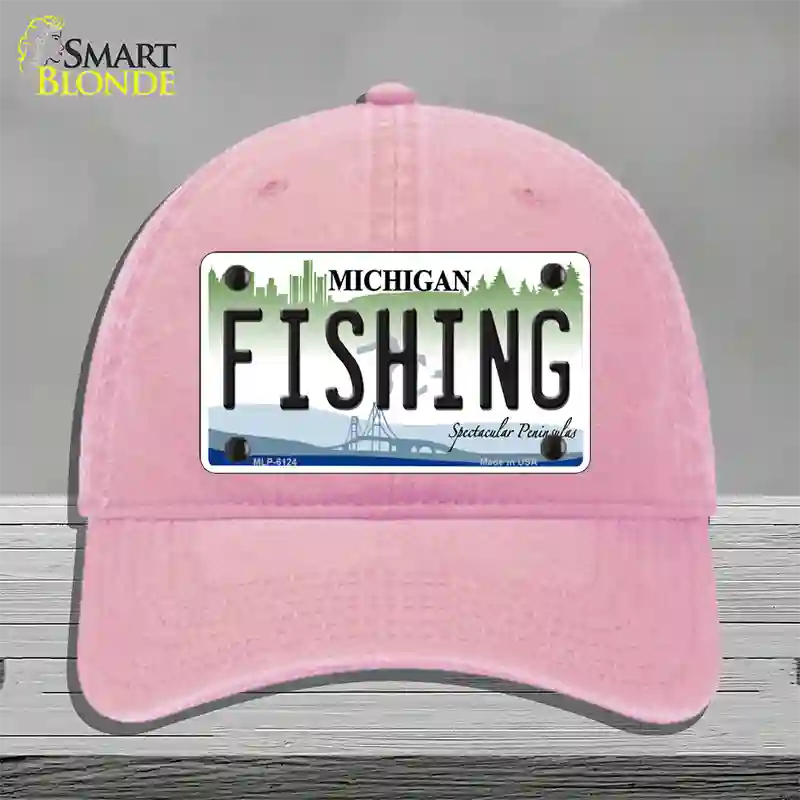 Fishing Michigan Novelty License Plate Hat Unconstructed Cotton / Pink