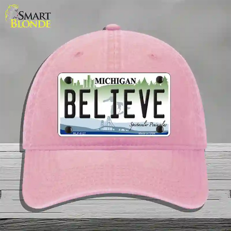 Believe Michigan Novelty License Plate Hat Unconstructed Cotton / Pink