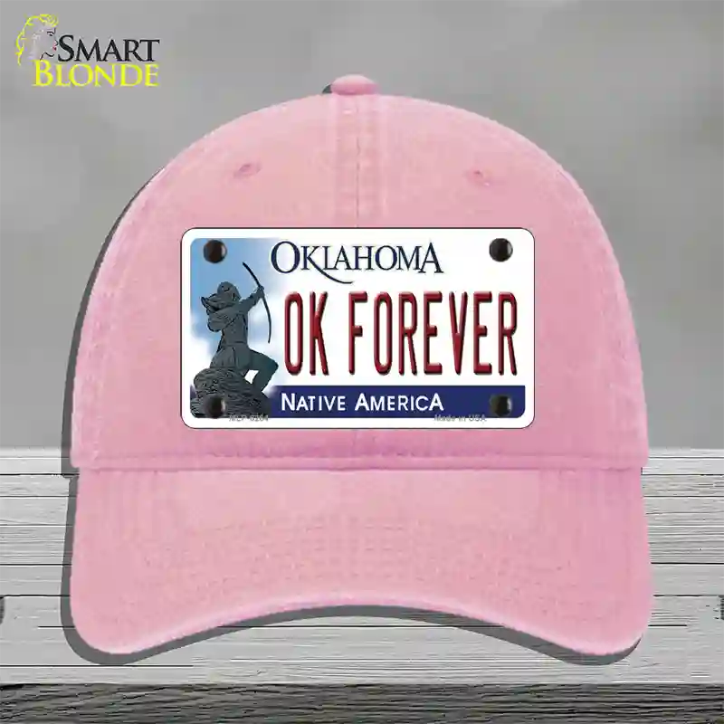 Ok Forever Oklahoma Novelty License Plate Hat Unconstructed Cotton / Pink