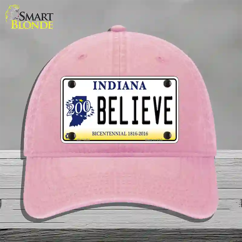 Believe Indiana Novelty License Plate Hat Unconstructed Cotton / Pink