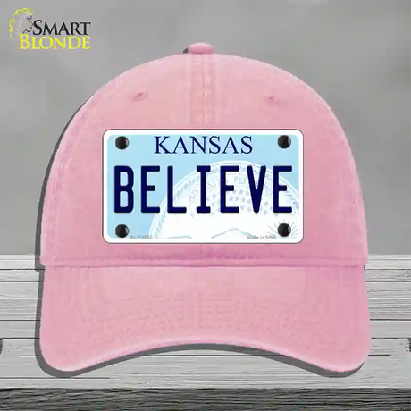 Believe Kansas Novelty License Plate Hat Unconstructed Cotton / Pink