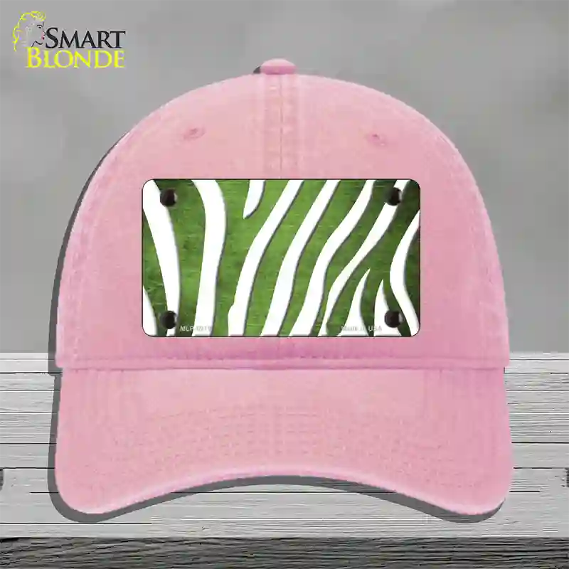 Lime Green White Zebra Oil Rubbed Novelty License Plate Hat Unconstructed Cotton / Pink