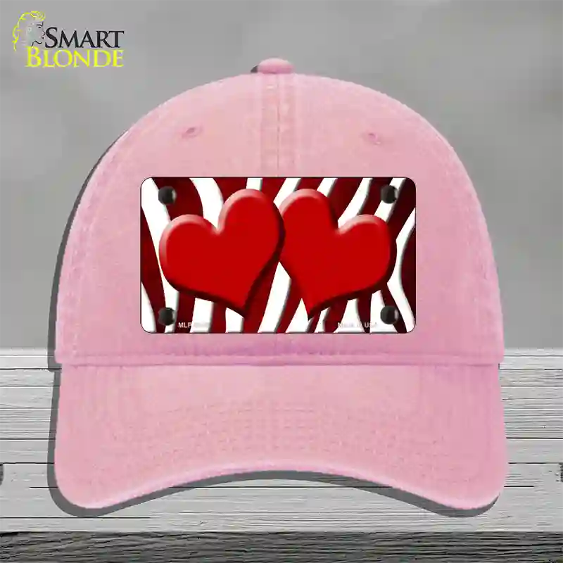 Red White Zebra Hearts Oil Rubbed Novelty License Plate Hat Unconstructed Cotton / Pink