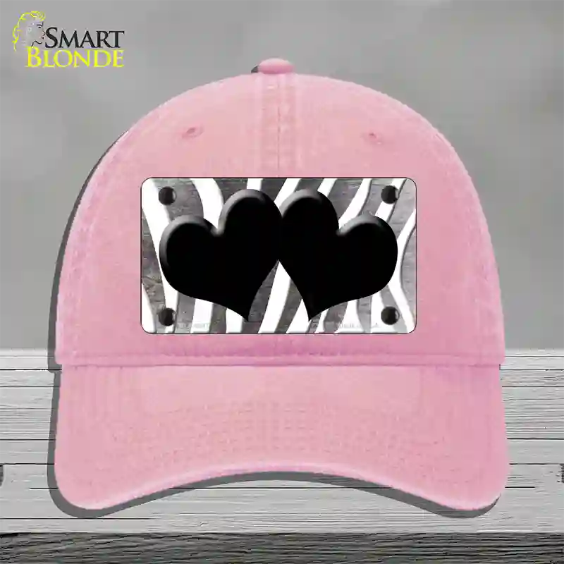 Black White Zebra Hearts Oil Rubbed Novelty License Plate Hat Unconstructed Cotton / Pink