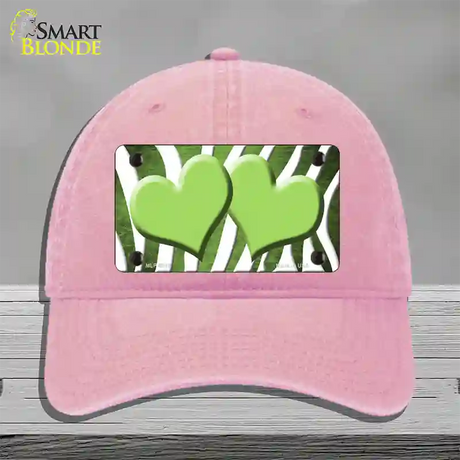 Lime Green White Zebra Hearts Oil Rubbed Novelty License Plate Hat Unconstructed Cotton / Pink