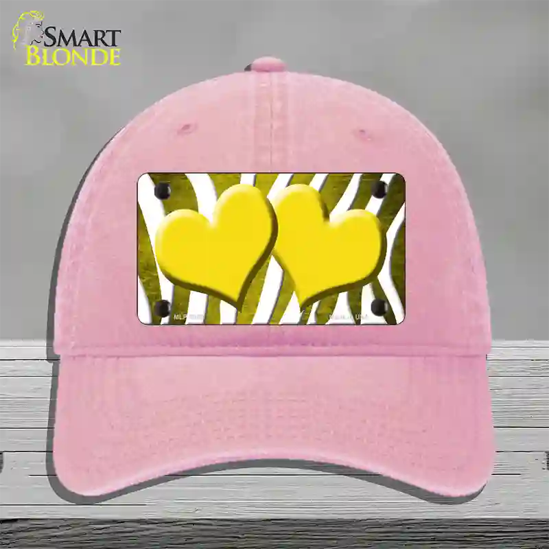 Yellow White Zebra Hearts Oil Rubbed Novelty License Plate Hat Unconstructed Cotton / Pink