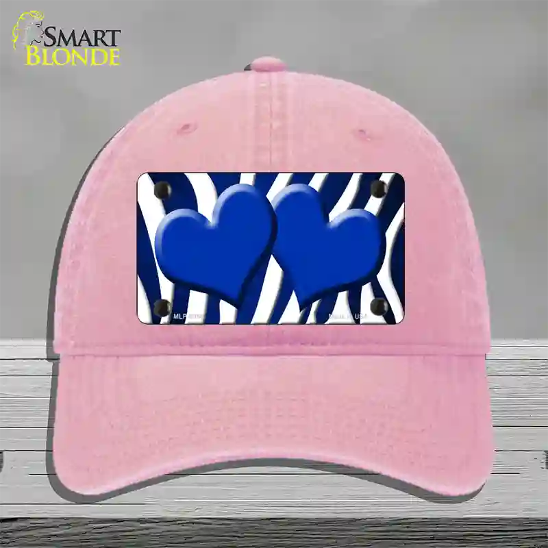 Blue White Zebra Hearts Oil Rubbed Novelty License Plate Hat Unconstructed Cotton / Pink