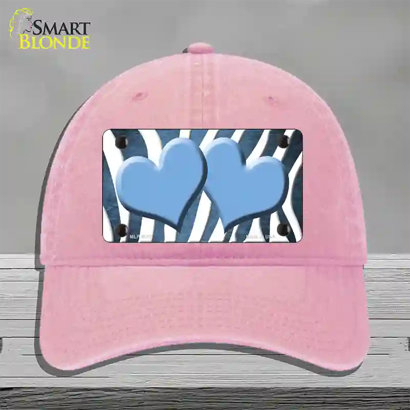 Light Blue White Zebra Hearts Oil Rubbed Novelty License Plate Hat Unconstructed Cotton / Pink