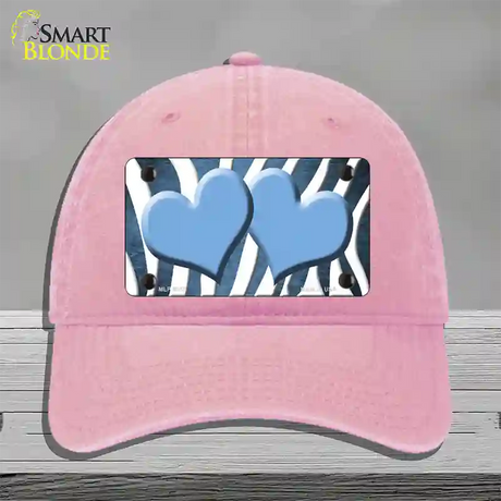 Light Blue White Zebra Hearts Oil Rubbed Novelty License Plate Hat Unconstructed Cotton / Pink