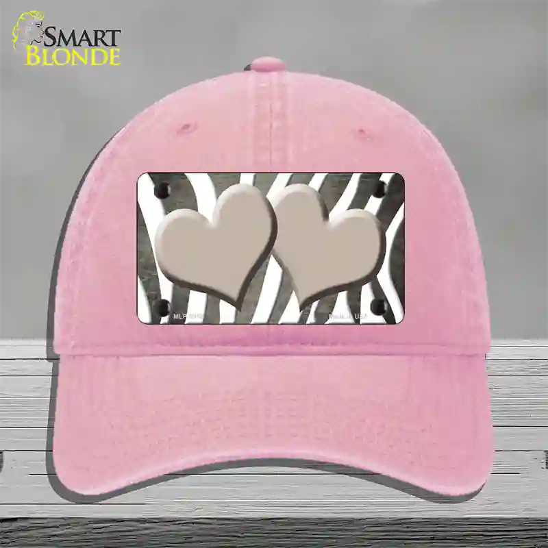 Tan White Zebra Hearts Oil Rubbed Novelty License Plate Hat Unconstructed Cotton / Pink