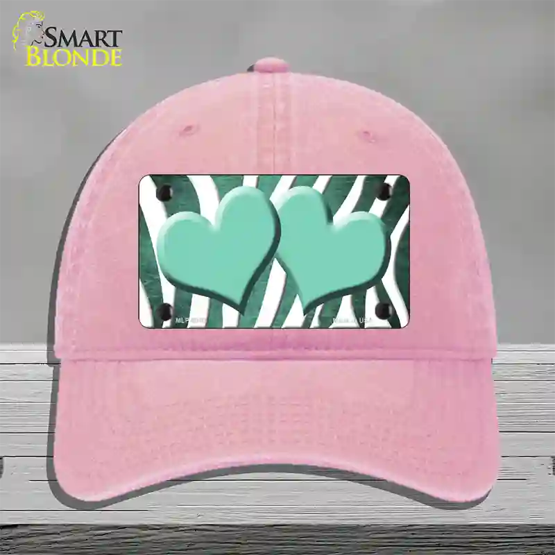 Mint White Zebra Hearts Oil Rubbed Novelty License Plate Hat Unconstructed Cotton / Pink