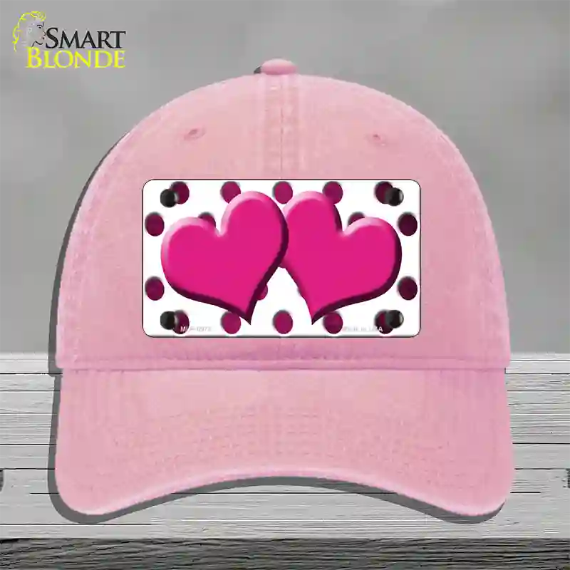 Pink White Dots Hearts Oil Rubbed Novelty License Plate Hat Unconstructed Cotton / Pink